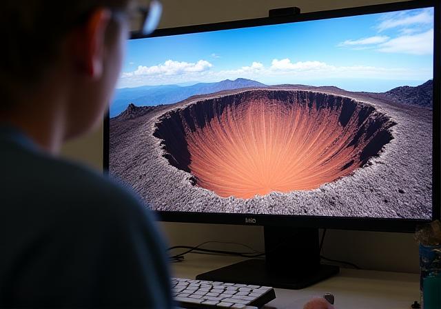 A computer screen showing a high-resolution 360-degree panoramic photo of a volcanic crater, with interface elements for a virtual tour.