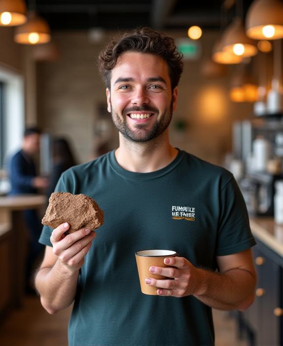 The founder of Fumarole Fuel standing proudly inside the cafe, holding a portafilter in one hand and a piece of volcanic rock in the other.