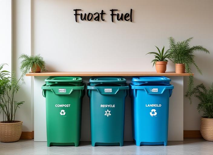 A clean, organized waste station inside Fumarole Fuel, with clear labels for compost, recycling, and landfill.